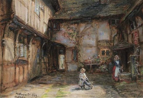 A Mother And Daughter In A Courtyard Oil Painting by Frank Moss Bennett