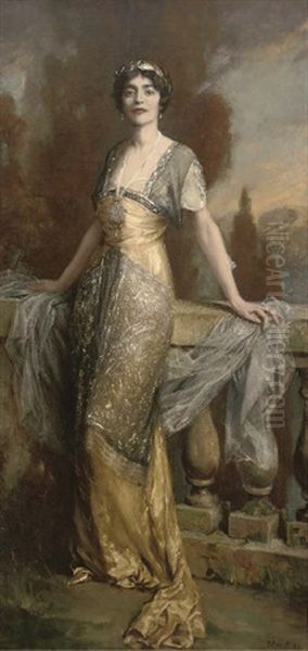 Portrait A Lady (rosa Lewis?), Full-length, In An Evening Dress, On A Balcony With A Landscape Beyond Oil Painting by Frank Moss Bennett