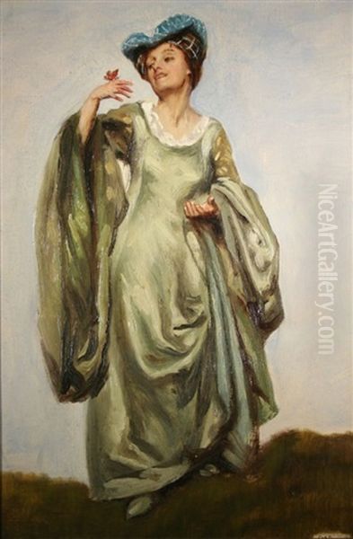 Lady In A Green Dress With Butterfly Oil Painting by Frank Moss Bennett