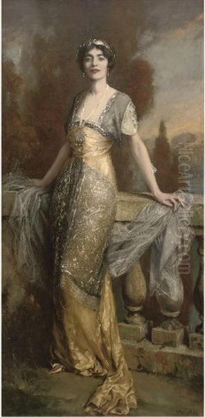 Portrait Of Rosa Lewis, Full-length, In An Evening Dress, On A Balcony With A Landscape Beyond Oil Painting by Frank Moss Bennett