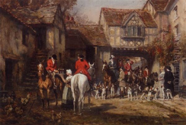 Huntsmen And Hounds In A Courtyard Oil Painting by Frank Moss Bennett