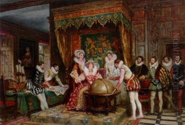 Sir Francis Drake Indicating The Spanish Armada To Elizabeth I Oil Painting by Frank Moss Bennett