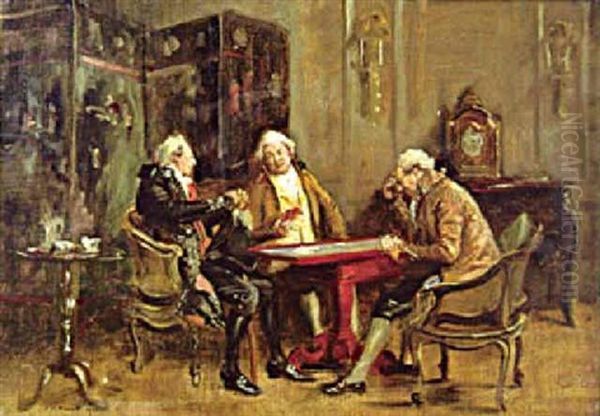 Gentlemen Playing Cards In Period Interior Oil Painting by Frank Moss Bennett