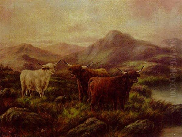 Highland Cattle In A Mountainous Landscape Oil Painting by Frank Moss Bennett