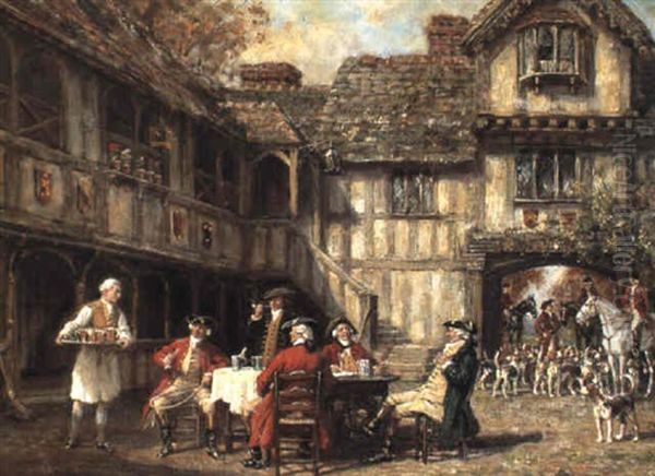 Meet Outside An Inn Oil Painting by Frank Moss Bennett