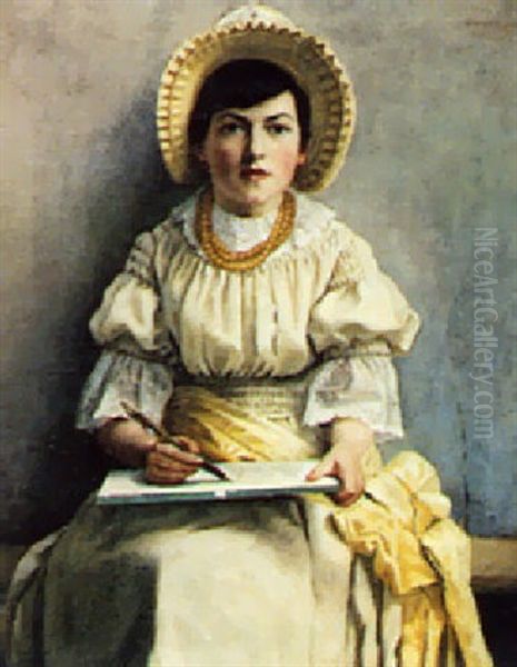 A Portrait Of A Young Girl Seated, Dressed In Yellow Oil Painting by Joseph Arthur Bennett