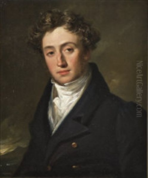 Portrait Of The Artist's Son, Thos, Sawle Bennett, Wearing A Black Coat And White Cravat, A Seascape Beyond Oil Painting by William Mineard Bennett