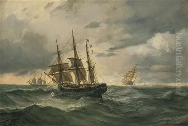 Seilskuter Til Havs 1864 Oil Painting by Johan Jakob Bennetter