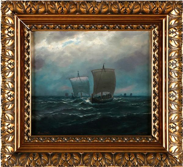 Vikingar Till Havs Oil Painting by Johan Jakob Bennetter