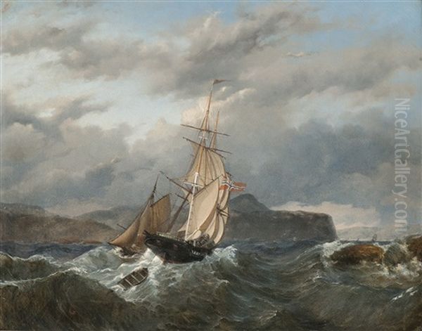 Seilskute I Storm Oil Painting by Johan Jakob Bennetter