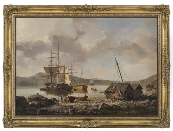 By A Norwegian Harbour Oil Painting by Johan Jakob Bennetter