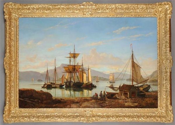 Ships In A Harbor Oil Painting by Johan Jakob Bennetter