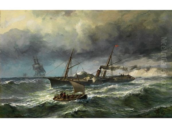 Marinebild Mit Einem Segeldampfer Auf Bewegter See Mit Wellen Oil Painting by Johan Jakob Bennetter