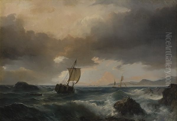 Kystlandskap Med Seilskuter Og Sjofugler Oil Painting by Johan Jakob Bennetter