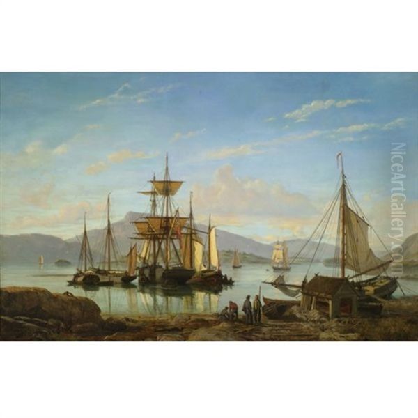 Ships In A Harbor Oil Painting by Johan Jakob Bennetter