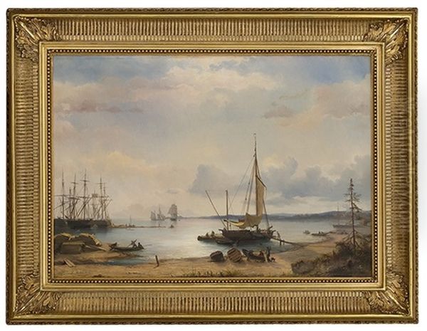 Scene From A Harbour With Sailing Ships Oil Painting by Johan Jakob Bennetter