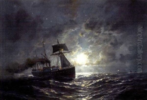 Dampskip I Fullmane Oil Painting by Johan Jakob Bennetter