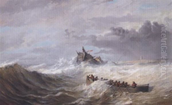 Bater I Stormfullt Hav Oil Painting by Johan Jakob Bennetter