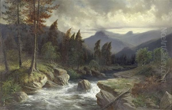 Waldlandschaft Mit Gebirgsbach Oil Painting by Karl Bennewitz von Loefen the Elder