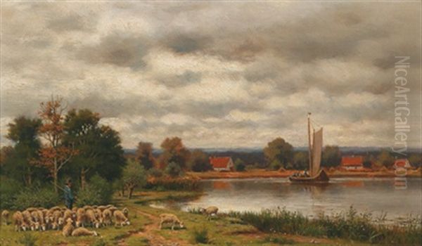 Landschaft Mit Einem Schafer Und Seiner Herde Am Ufer Eines Sees Oil Painting by Karl Bennewitz von Loefen the Elder