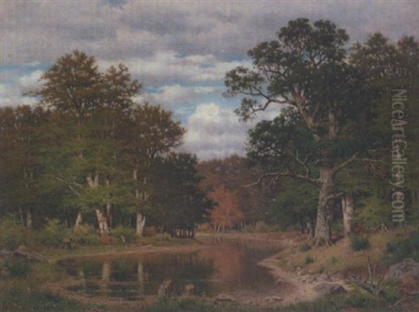 Herbstwald Mit Teich Und Rehwild Oil Painting by Karl Bennewitz von Loefen the Elder