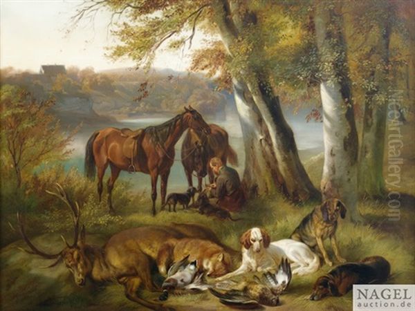 Nach Der Jagd. Hunde Bewachen Die Jagdbeute, Im Hintergrund Ein Jager Mit Zwei Pferden Oil Painting by Adam Benno