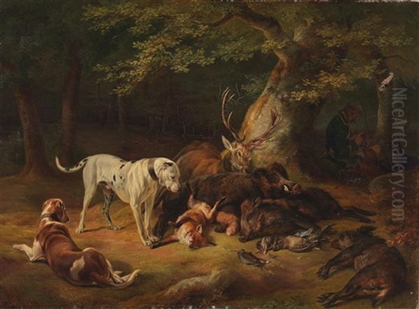 Dogs With The Spoils Of The Hunt Oil Painting by Adam Benno