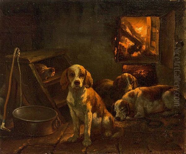 Drei Hundewelpen Vor Einem Ofen Sitzend Oil Painting by Adam Benno