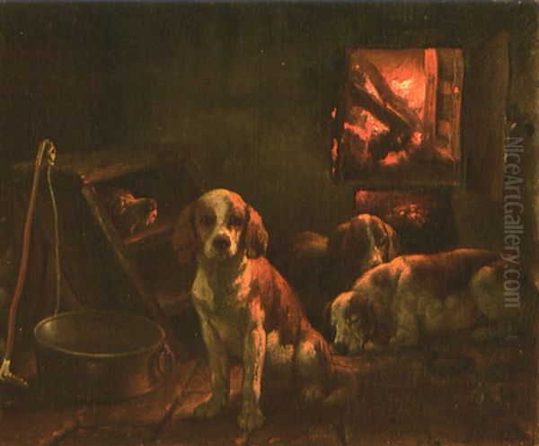 Drei Hundewelpen Vor Einem Ofen Sitzend Oil Painting by Adam Benno