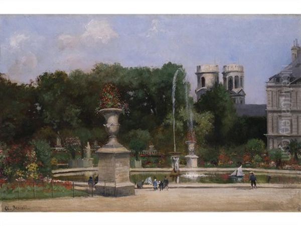 Ansicht Eines Herrschaftlichen Parks Mit Springbrunnenbassin, Grossen Vasen Und Einer Doppelturmen Kirche Im Hintergrund Oil Painting by Antoine Benoist