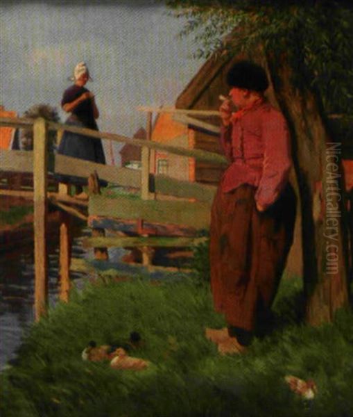 Scene Paysanne Animee Au Bord D'un Canal En Hollande Oil Painting by Jules Benoit-Levy