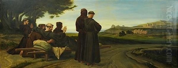 Saint Francois D'assise Transporte Mourant A Sainte Marie Des Anges, Benit La Ville D'assise Oil Painting by Francois Leon Benouville