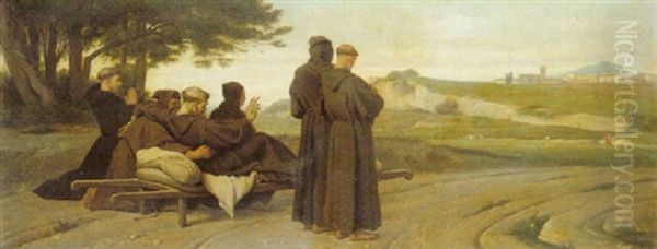 St Francis Of Assisi Brought To The Church Of Santa Maria Degli Angeli... Oil Painting by Francois Leon Benouville