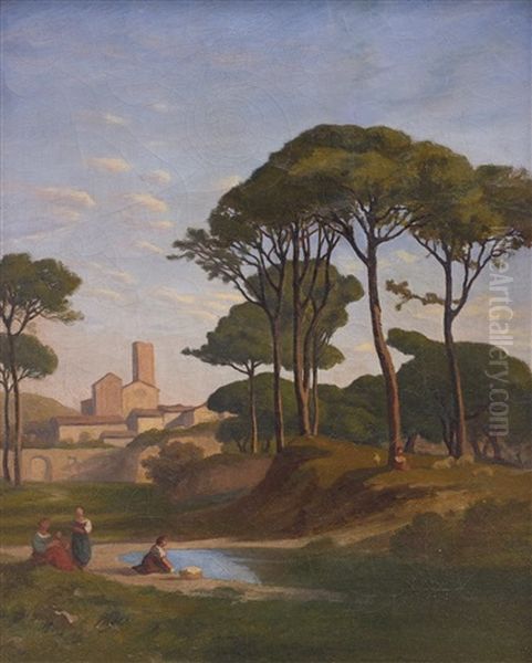 Italianate Landscape With Figures Near A Stream Oil Painting by Jean Achille Benouville