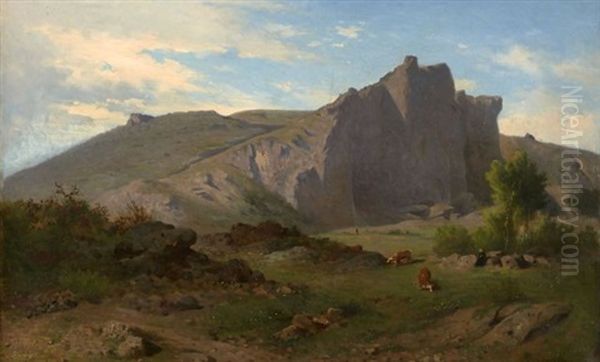 Vachere Et Son Troupeau Dans Un Paysage Rocheux Oil Painting by Jean Achille Benouville