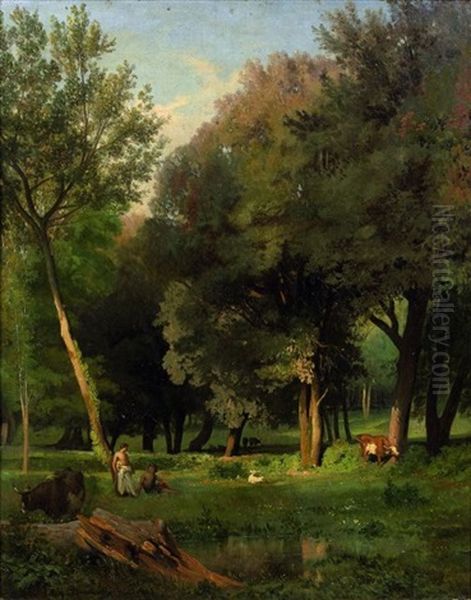 Pasteurs Et Leurs Troupeaux Au Bord D'un Etang Oil Painting by Jean Achille Benouville