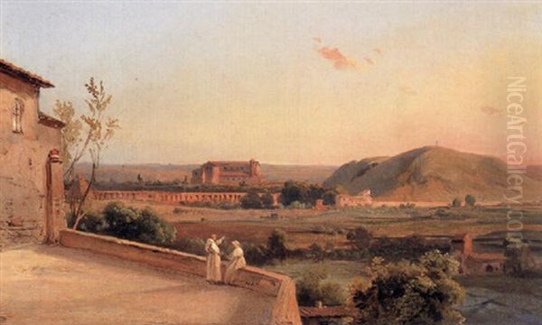 Two Monks On A Terrace In An Italian Landscape Oil Painting by Jean Achille Benouville