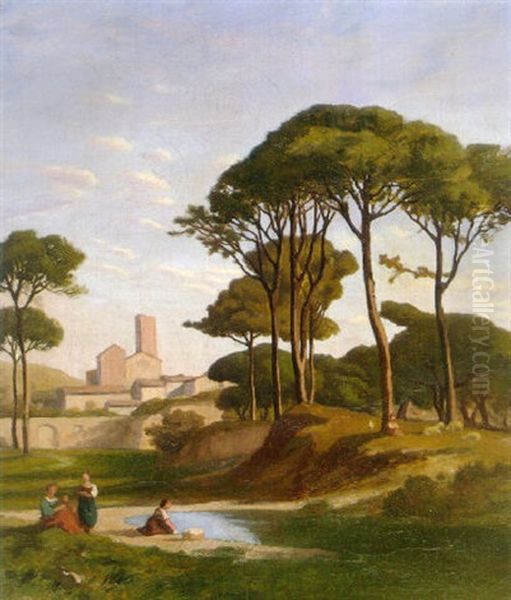 Italian Landscape With Three Women Oil Painting by Jean Achille Benouville