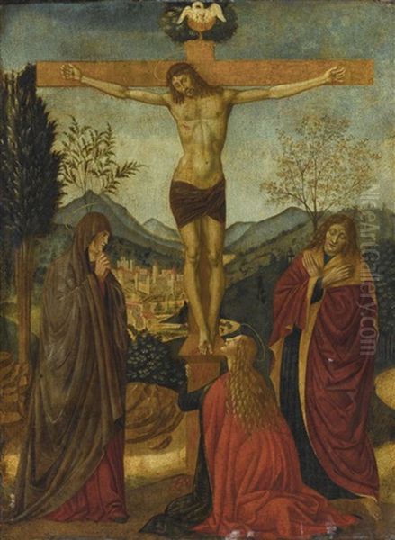 The Crucifixion, With The Madonna And Saints John The Evangelist And Mary Magdalene, A City And Mountainous Landscape Beyond Oil Painting by Alesso Di Benozzo