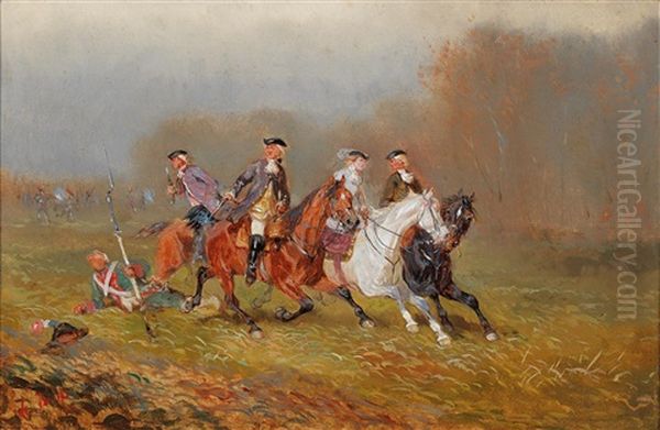 Elegant Horsemen Fleeing From The Fighting Oil Painting by Alexander Franz Von Bensa