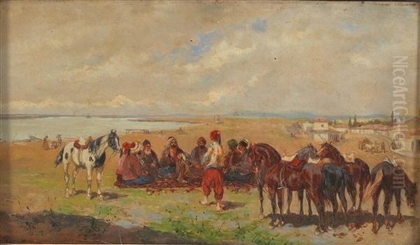 Turkish Riders Ready To Set Out Oil Painting by Alexander Franz Von Bensa