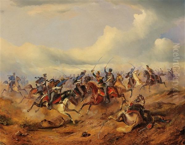 Scene From The Hungarian Revolution Of 1848/49: Austrian Uhlans Of The 1st Regiment Of Imperial Royal Uhlans In Battle With Hungarian Hussars Oil Painting by Alexander Franz Von Bensa