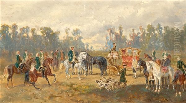 Series Of Three Courtly Hunting Scenes: Versammlung Der Jager / Der Kronenzwolfender / Heimkehr Der Jager Oil Painting by Alexander Franz Von Bensa