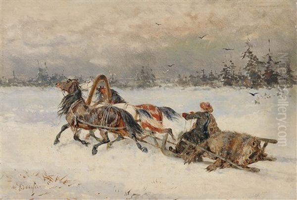 Returning From The Bear Hunt Oil Painting by Alexander Ritter Von Bensa