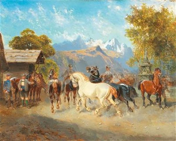 Horse Market In The Alps Oil Painting by Alexander Ritter Von Bensa