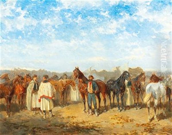 Hungarian Horse Market Oil Painting by Alexander Ritter Von Bensa