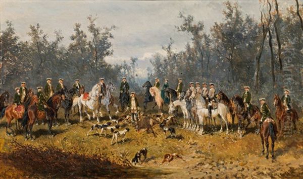 A Successful Deer Hunt Oil Painting by Alexander Ritter Von Bensa