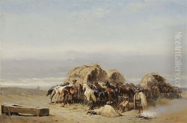 A Herd Of Horses With Shepherds In The Puszta Oil Painting by Alexander Ritter Von Bensa