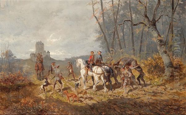 Returning Home From The Bear Hunt Oil Painting by Alexander Ritter Von Bensa