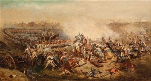 Chaotic Battle Between Prussian Cuirassiers And Austrian Infantry Oil Painting by Alexander Ritter Von Bensa